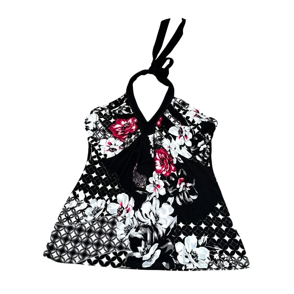 White House Black Market Halter Top Medium Floral Geometric Print Boho Chic - Picture 11 of 12